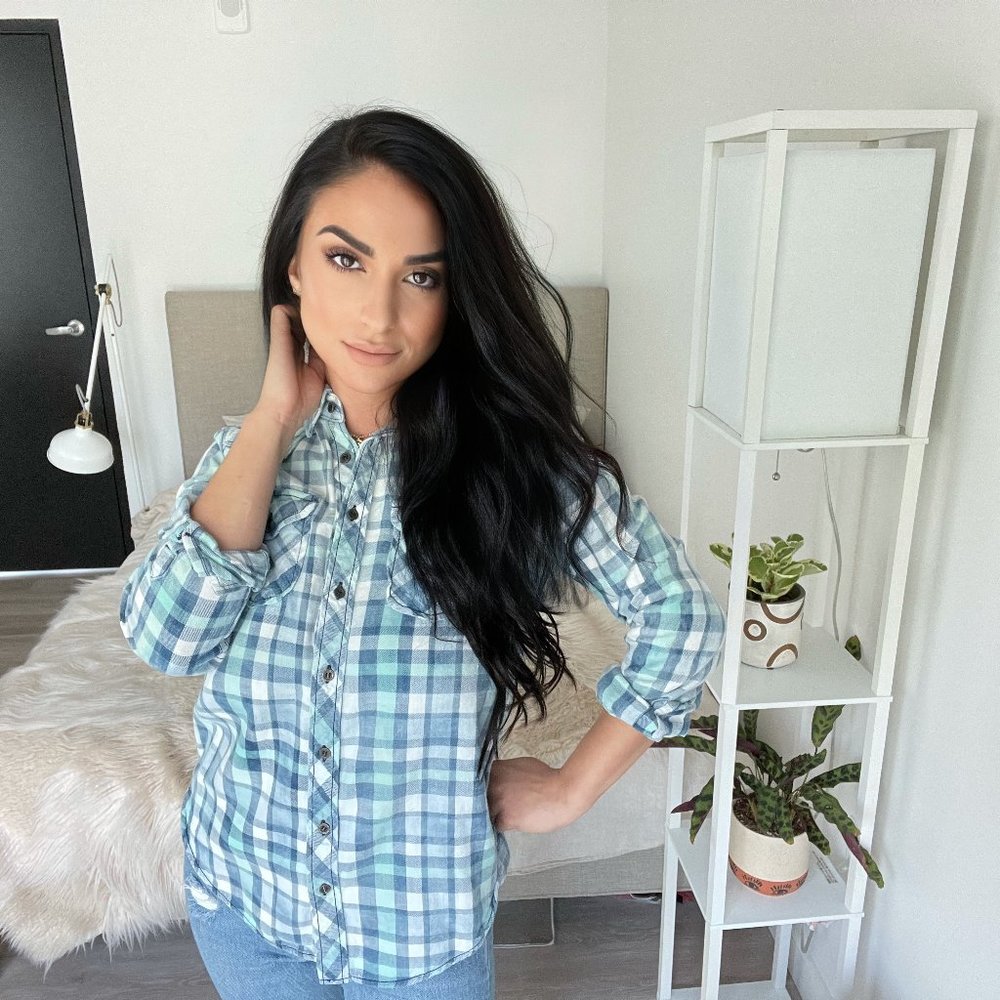 ZARA Trafaluc Blue, Green and White Plaid Button Down